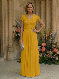 Elegant Pleated Chiffon A-Line Short Sleeves Mother of the Bride & Groom Dresses with Beaded Lace Bodice