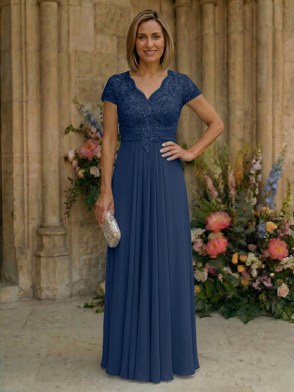 Elegant Pleated Chiffon A-Line Short Sleeves Mother of the Bride & Groom Dresses with Beaded Lace Bodice