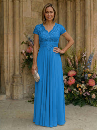 Elegant Pleated Chiffon A-Line Short Sleeves Mother of the Bride & Groom Dresses with Beaded Lace Bodice