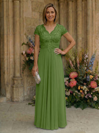 Elegant Pleated Chiffon A-Line Short Sleeves Mother of the Bride & Groom Dresses with Beaded Lace Bodice