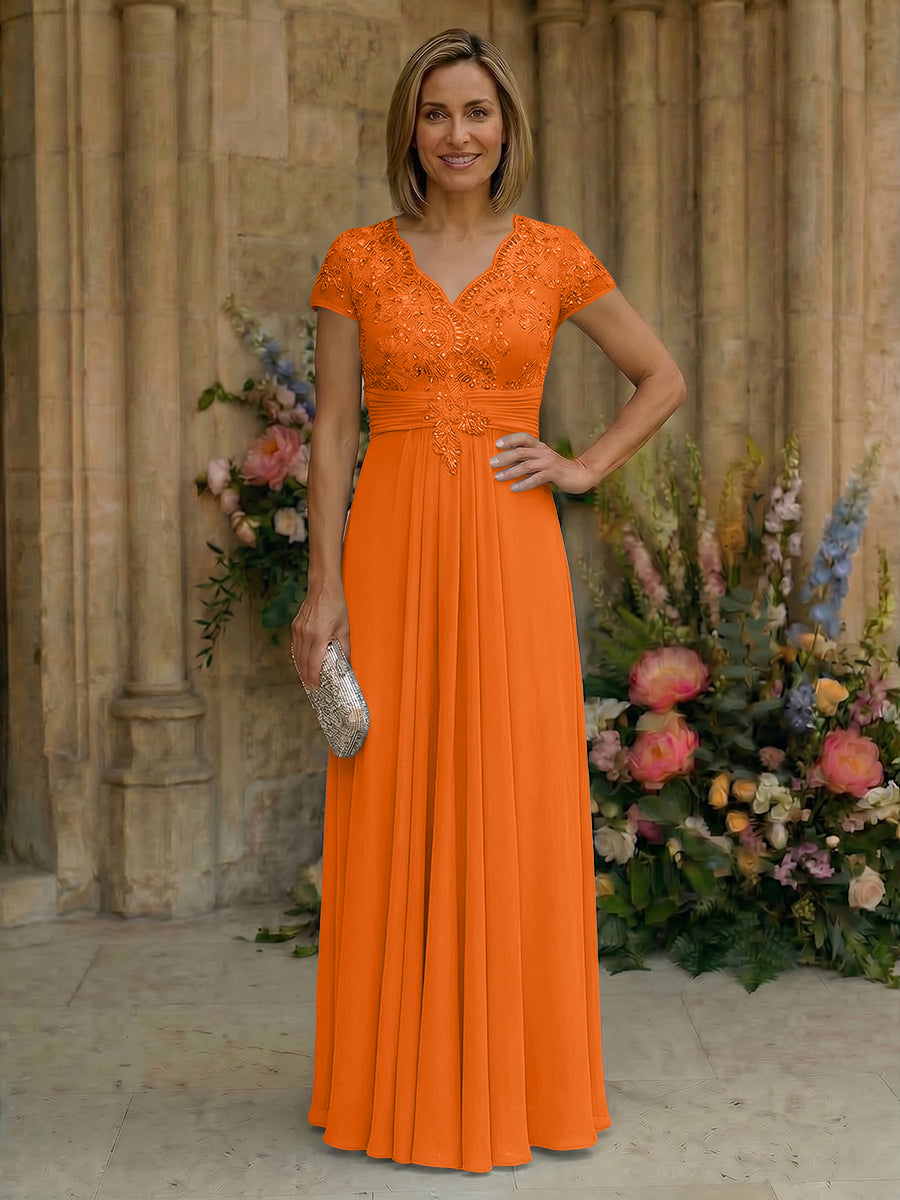 Elegant Pleated Chiffon A-Line Short Sleeves Mother of the Bride & Groom Dresses with Beaded Lace Bodice
