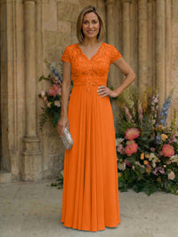 Elegant Pleated Chiffon A-Line Short Sleeves Mother of the Bride & Groom Dresses with Beaded Lace Bodice