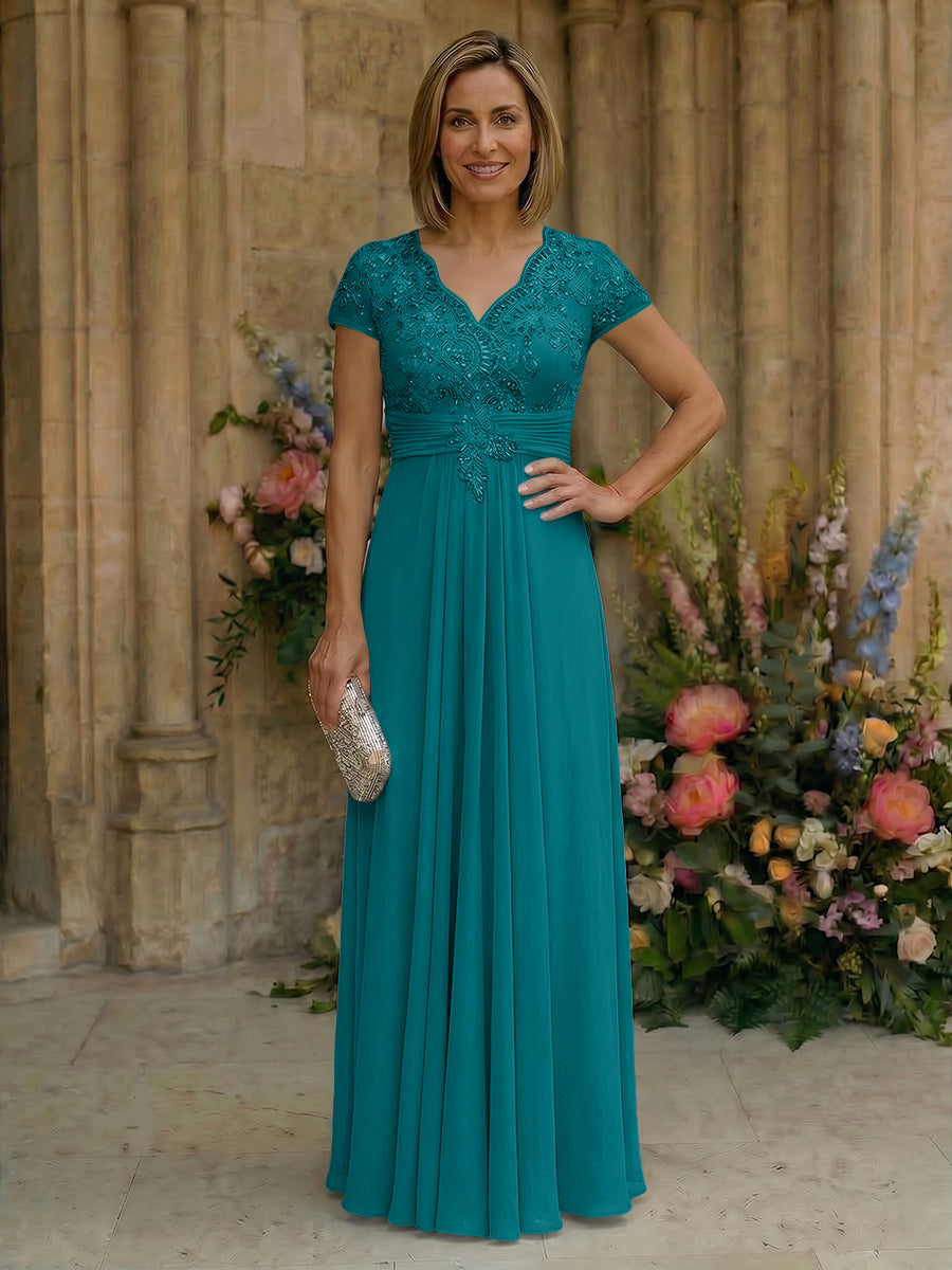 Elegant Pleated Chiffon A-Line Short Sleeves Mother of the Bride & Groom Dresses with Beaded Lace Bodice