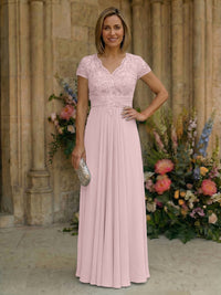 Elegant Pleated Chiffon A-Line Short Sleeves Mother of the Bride & Groom Dresses with Beaded Lace Bodice