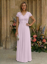 Elegant Pleated Chiffon A-Line Short Sleeves Mother of the Bride & Groom Dresses with Beaded Lace Bodice