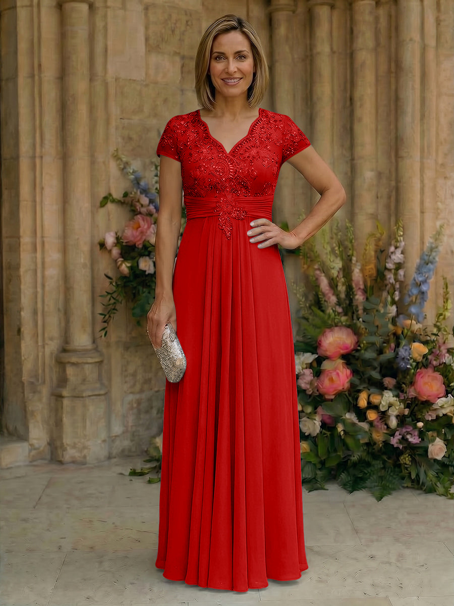 Elegant Pleated Chiffon A-Line Short Sleeves Mother of the Bride & Groom Dresses with Beaded Lace Bodice