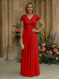 Elegant Pleated Chiffon A-Line Short Sleeves Mother of the Bride & Groom Dresses with Beaded Lace Bodice