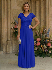 Elegant Pleated Chiffon A-Line Short Sleeves Mother of the Bride & Groom Dresses with Beaded Lace Bodice