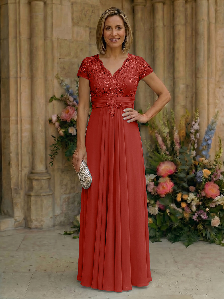 Elegant Pleated Chiffon A-Line Short Sleeves Mother of the Bride & Groom Dresses with Beaded Lace Bodice