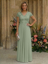 Elegant Pleated Chiffon A-Line Short Sleeves Mother of the Bride & Groom Dresses with Beaded Lace Bodice
