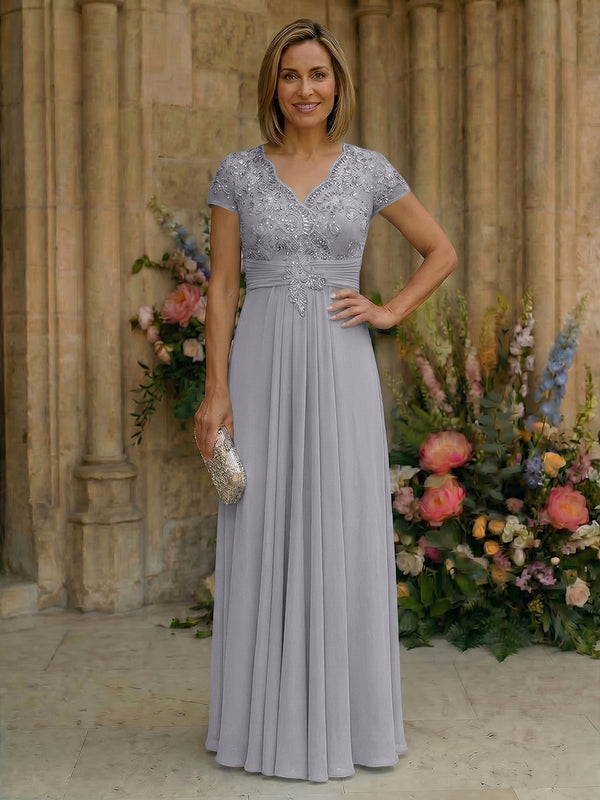 Elegant Pleated Chiffon A-Line Short Sleeves Mother of the Bride & Groom Dresses with Beaded Lace Bodice