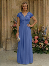 Elegant Pleated Chiffon A-Line Short Sleeves Mother of the Bride & Groom Dresses with Beaded Lace Bodice