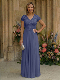 Elegant Pleated Chiffon A-Line Short Sleeves Mother of the Bride & Groom Dresses with Beaded Lace Bodice