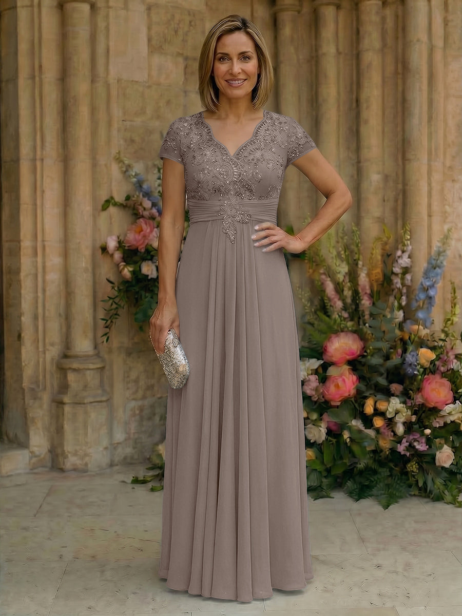 Elegant Pleated Chiffon A-Line Short Sleeves Mother of the Bride & Groom Dresses with Beaded Lace Bodice