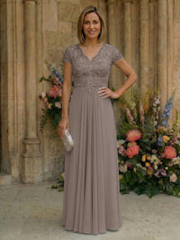 Elegant Pleated Chiffon A-Line Short Sleeves Mother of the Bride & Groom Dresses with Beaded Lace Bodice