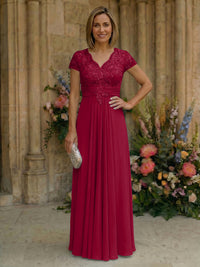Elegant Pleated Chiffon A-Line Short Sleeves Mother of the Bride & Groom Dresses with Beaded Lace Bodice