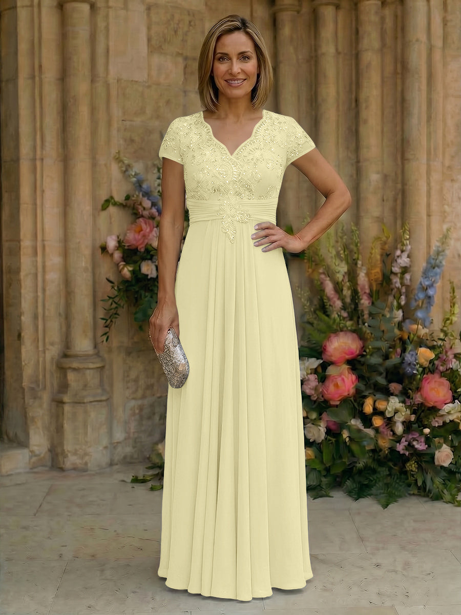 Elegant Pleated Chiffon A-Line Short Sleeves Mother of the Bride & Groom Dresses with Beaded Lace Bodice