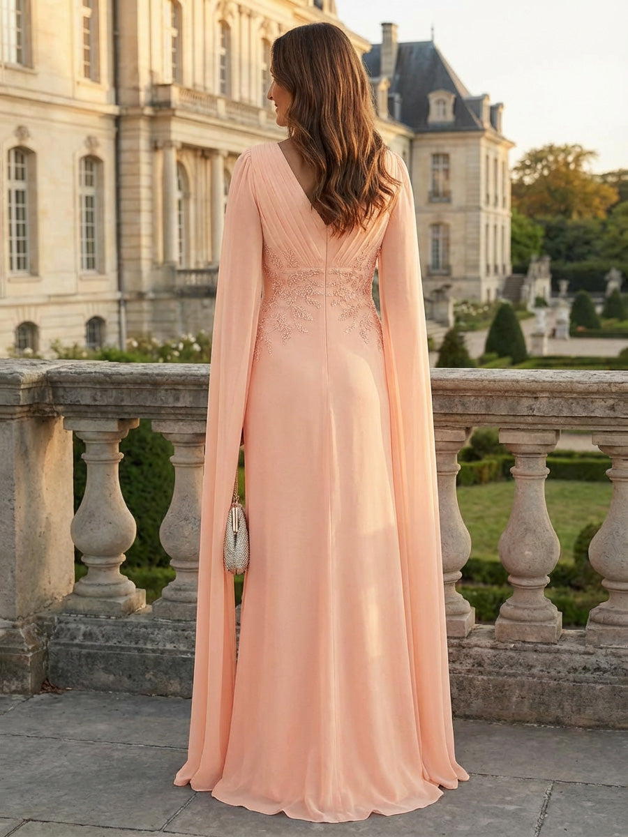 Elegant Chiffon Cape Sleeves Long Mother of the Bride & Groom Dresses with Ruched Bodice