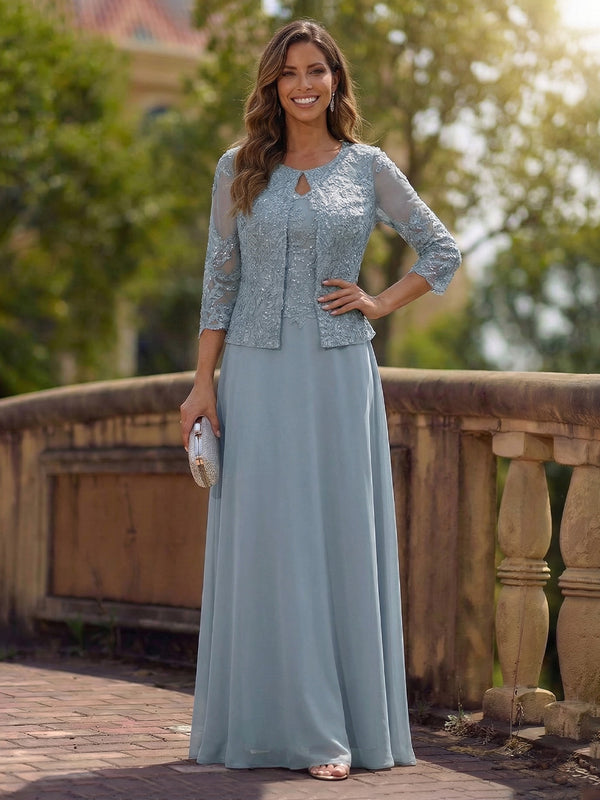 Dusty Blue Mother of the Bride Dresses 2026 for Women A-Line Keyhole Neck 3/4 Sleeve Floor-Length Wedding Guest Dress