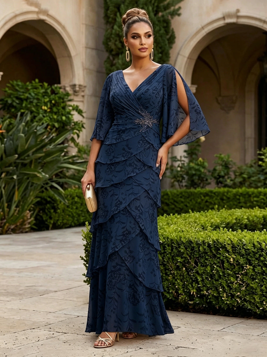 Shirees Navy Blue A-Line Chiffon Floral Print 3/4 Cape Sleeves Tiered Mother of the Bride & Groom Dresses with Beaded Waist Embellishment 2026