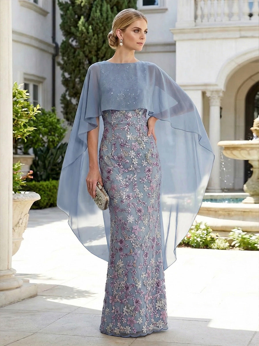 Sheath 3D Floral Embellished Lace Floor-Length Mother of the Bride & Groom Dresses with Chiffon Capelet Sleeves