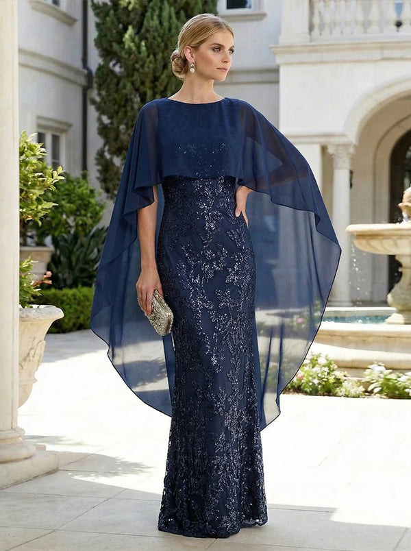 Sheath 3D Floral Embellished Lace Floor-Length Mother of the Bride & Groom Dresses with Chiffon Capelet Sleeves