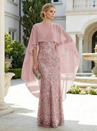 Sheath 3D Floral Embellished Lace Floor-Length Mother of the Bride & Groom Dresses with Chiffon Capelet Sleeves