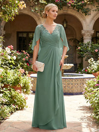 A-Line Chiffon 3/4 Cape Sleeves Floor-Length Mother of the Bride & Groom Dresses with Ruched Ruffled Waist