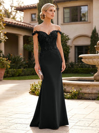 Mermaid Satin Off Shoulder Floor-Length Mother of the Bride & Groom Dresses with Floral Appliques Bodice