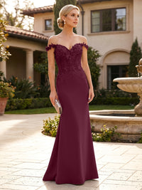 Mermaid Satin Off Shoulder Floor-Length Mother of the Bride & Groom Dresses with Floral Appliques Bodice