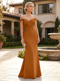Mermaid Satin Off Shoulder Floor-Length Mother of the Bride & Groom Dresses with Floral Appliques Bodice