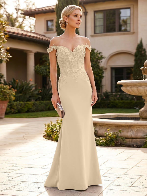 Mermaid Satin Off Shoulder Floor-Length Mother of the Bride & Groom Dresses with Floral Appliques Bodice