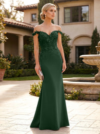 Mermaid Satin Off Shoulder Floor-Length Mother of the Bride & Groom Dresses with Floral Appliques Bodice