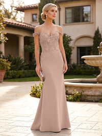 Mermaid Satin Off Shoulder Floor-Length Mother of the Bride & Groom Dresses with Floral Appliques Bodice