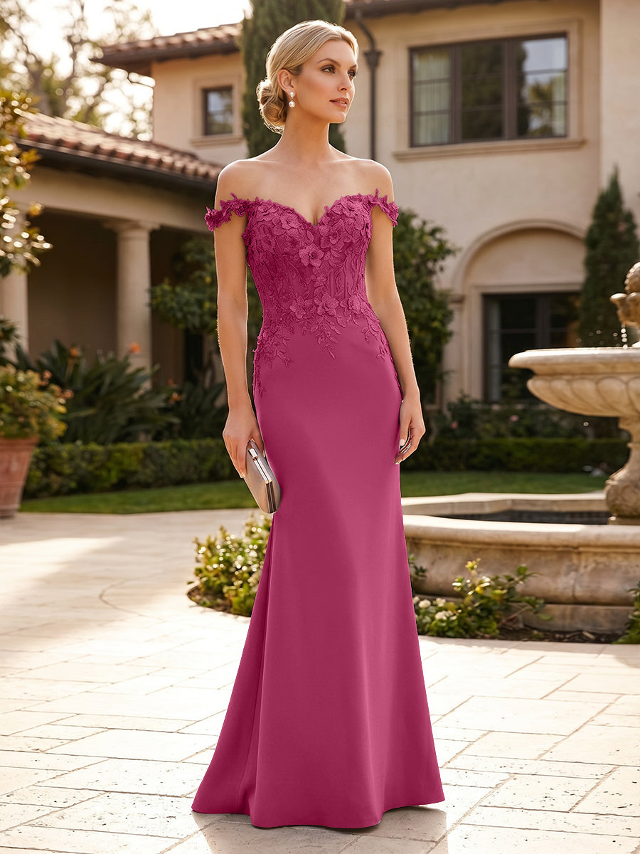 Mermaid Satin Off Shoulder Floor-Length Mother of the Bride & Groom Dresses with Floral Appliques Bodice