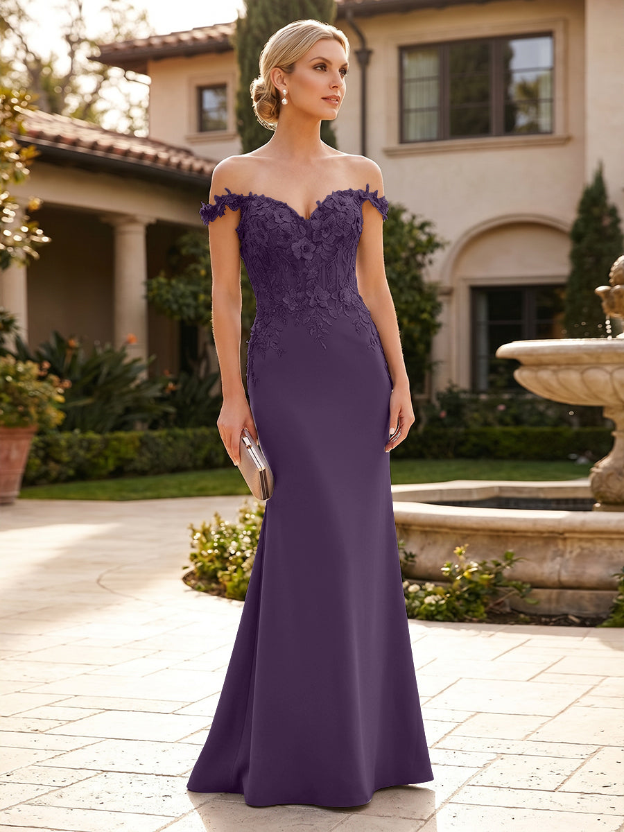 Mermaid Satin Off Shoulder Floor-Length Mother of the Bride & Groom Dresses with Floral Appliques Bodice