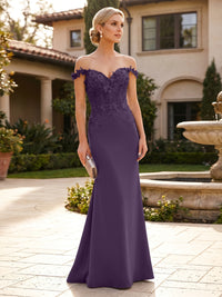 Mermaid Satin Off Shoulder Floor-Length Mother of the Bride & Groom Dresses with Floral Appliques Bodice