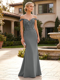 Mermaid Satin Off Shoulder Floor-Length Mother of the Bride & Groom Dresses with Floral Appliques Bodice