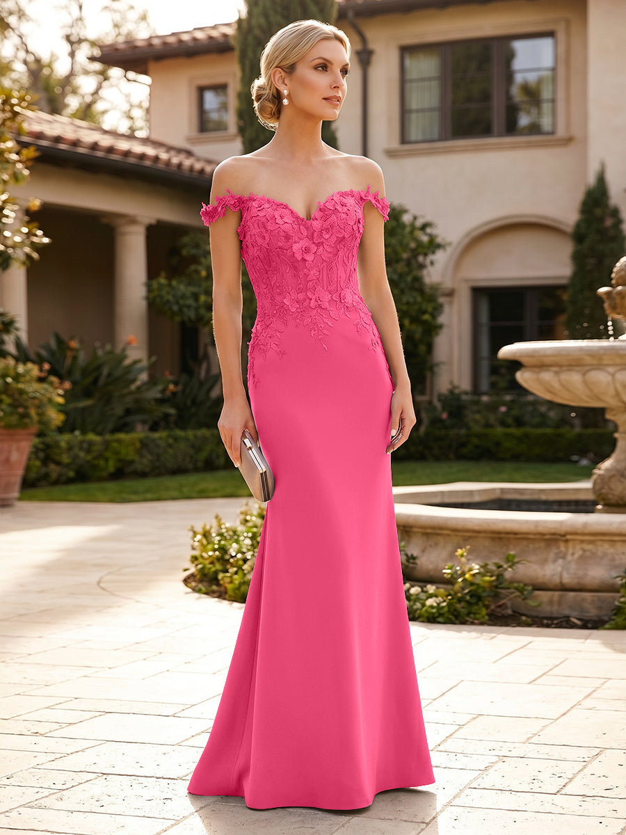 Mermaid Satin Off Shoulder Floor-Length Mother of the Bride & Groom Dresses with Floral Appliques Bodice