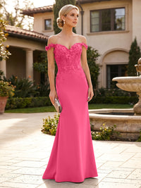 Mermaid Satin Off Shoulder Floor-Length Mother of the Bride & Groom Dresses with Floral Appliques Bodice