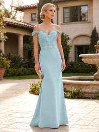 Mermaid Satin Off Shoulder Floor-Length Mother of the Bride & Groom Dresses with Floral Appliques Bodice