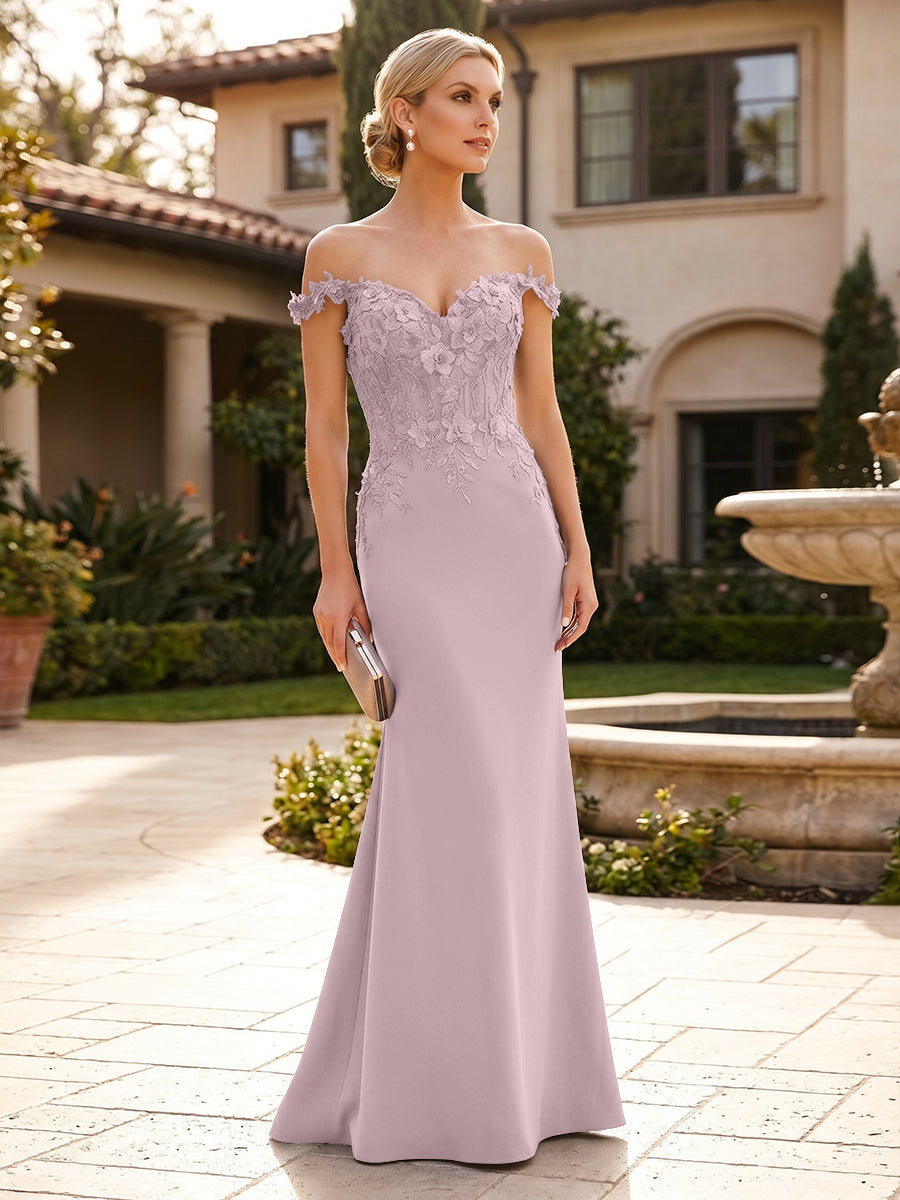 Mermaid Satin Off Shoulder Floor-Length Mother of the Bride & Groom Dresses with Floral Appliques Bodice