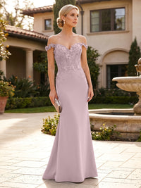 Mermaid Satin Off Shoulder Floor-Length Mother of the Bride & Groom Dresses with Floral Appliques Bodice