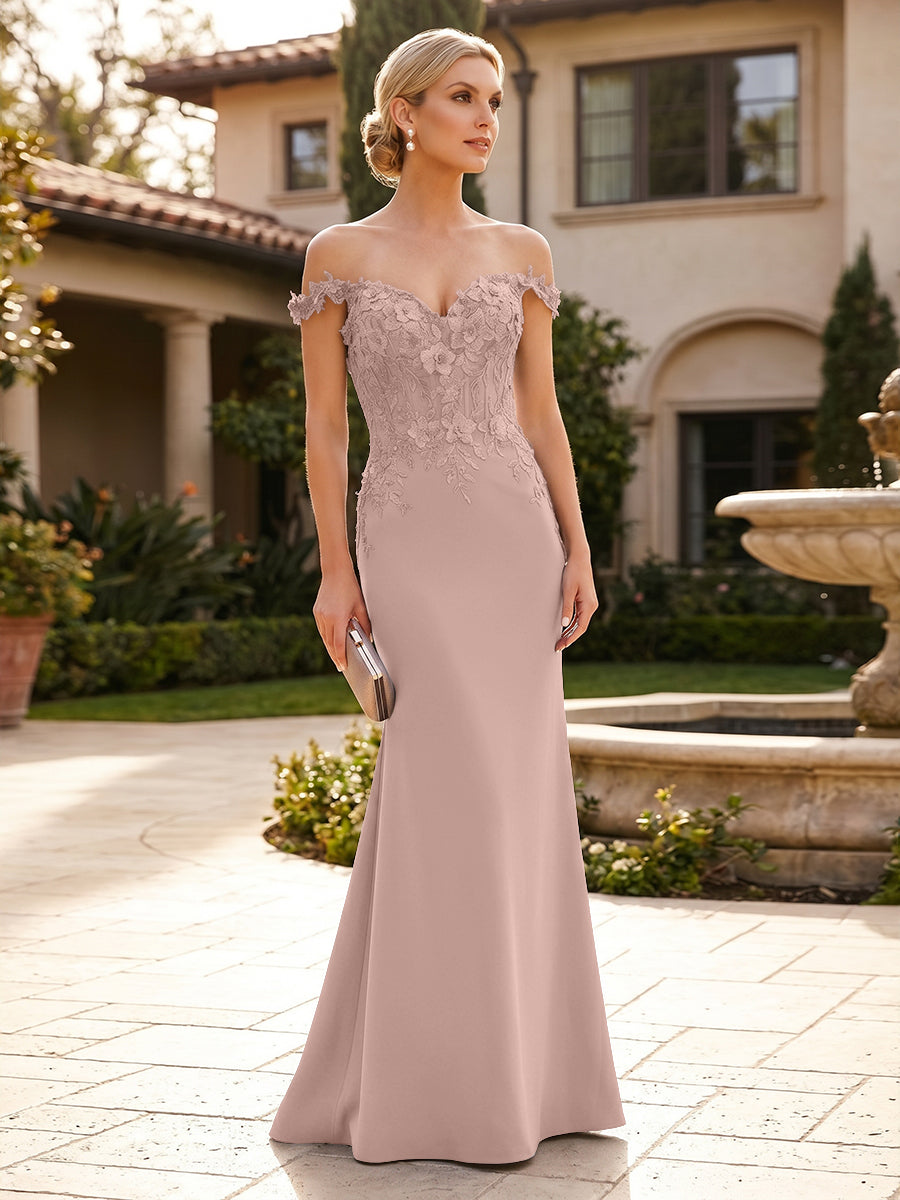 Mermaid Satin Off Shoulder Floor-Length Mother of the Bride & Groom Dresses with Floral Appliques Bodice