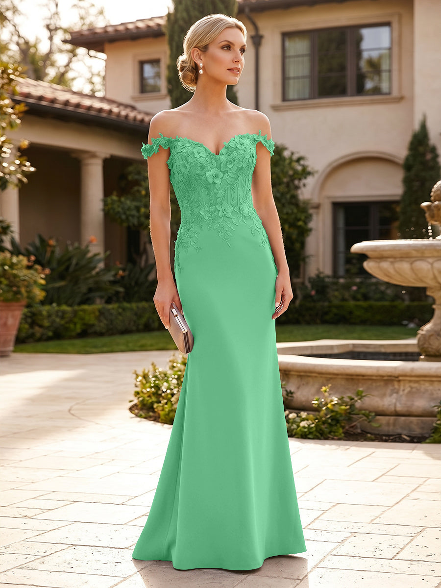 Mermaid Satin Off Shoulder Floor-Length Mother of the Bride & Groom Dresses with Floral Appliques Bodice