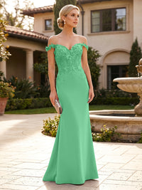 Mermaid Satin Off Shoulder Floor-Length Mother of the Bride & Groom Dresses with Floral Appliques Bodice