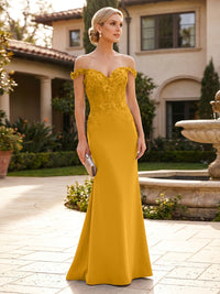 Mermaid Satin Off Shoulder Floor-Length Mother of the Bride & Groom Dresses with Floral Appliques Bodice