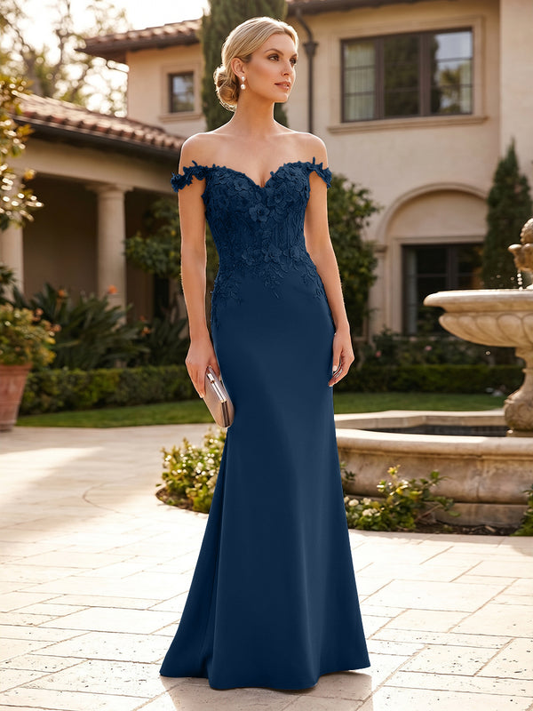 Mermaid Satin Off Shoulder Floor-Length Mother of the Bride & Groom Dresses with Floral Appliques Bodice