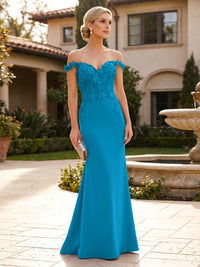 Mermaid Satin Off Shoulder Floor-Length Mother of the Bride & Groom Dresses with Floral Appliques Bodice