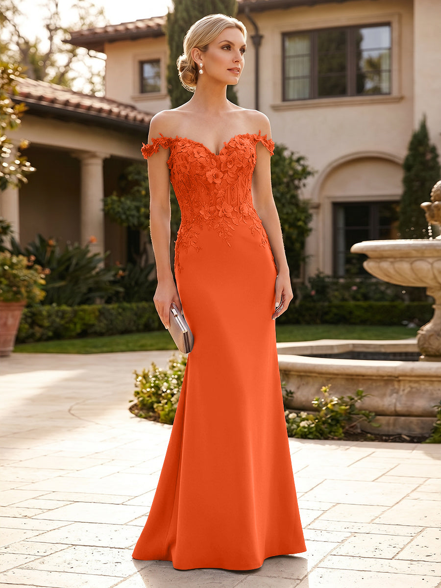 Mermaid Satin Off Shoulder Floor-Length Mother of the Bride & Groom Dresses with Floral Appliques Bodice